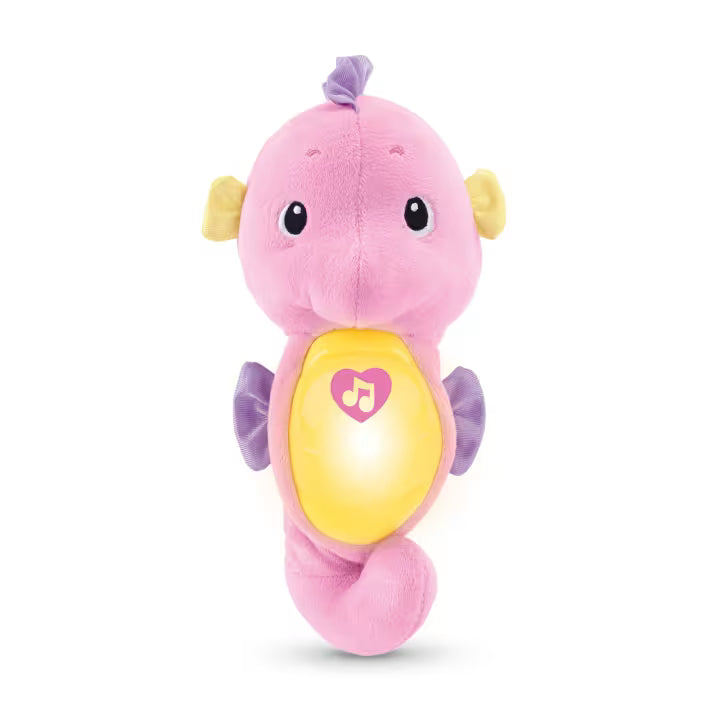 Pink plush seahorse toy with a yellow belly and purple tail 