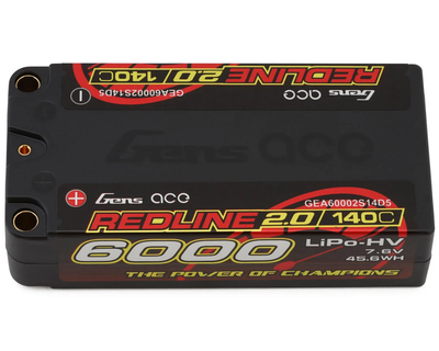 GEA60002S14D5 Gens Ace Redline 2.0 2S Shorty LiHV Battery 140C (7.6V/6000mAh) w/5mm Bullets