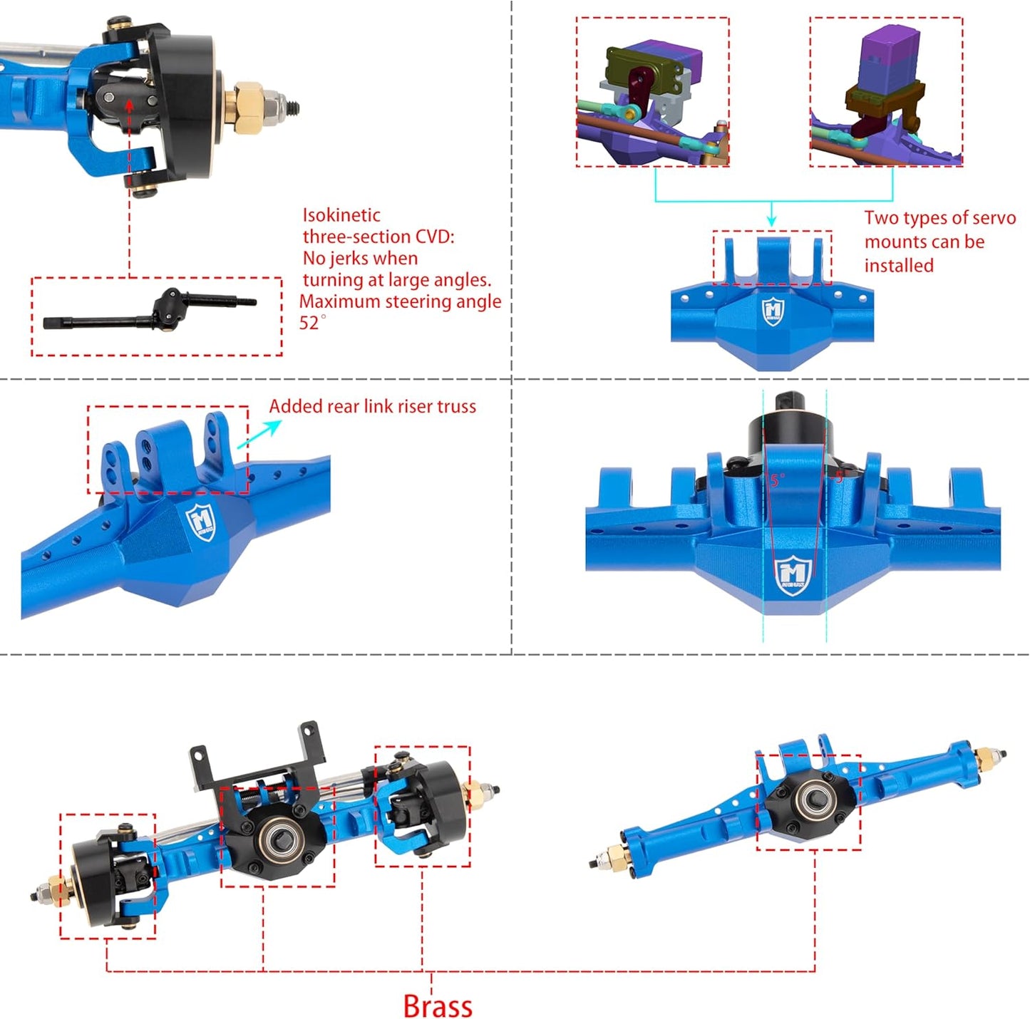 MEUS Racing Isokinetic 3-Section CVD Front and Rear Axles Maximum Steering Angle 52° Wider +5MM for TRX4M Upgrade 1/18 RC Crawler Car (Anodized Blue)