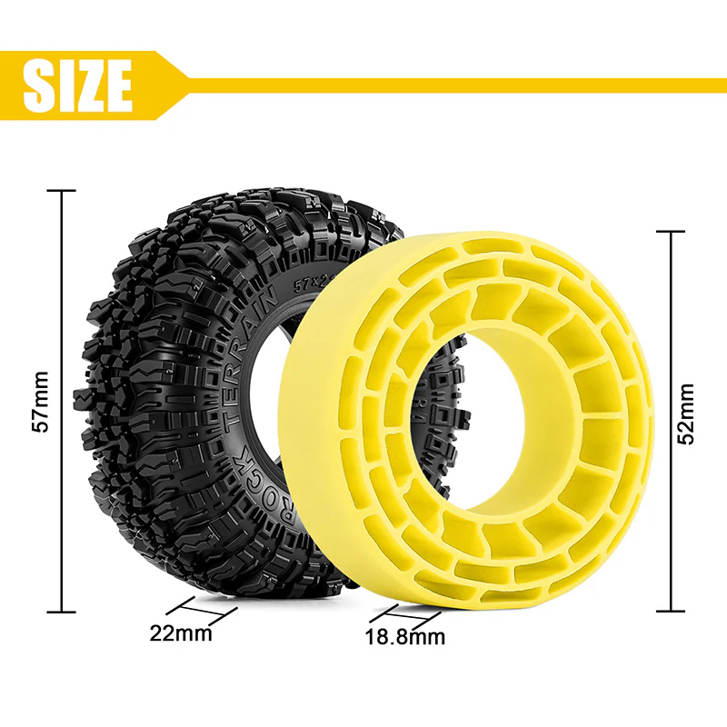 YQT-1005-1056YE INJORA 1.0" 57*22mm Rock Terrain Tires & Silicone Rubber Inserts Combo (4)