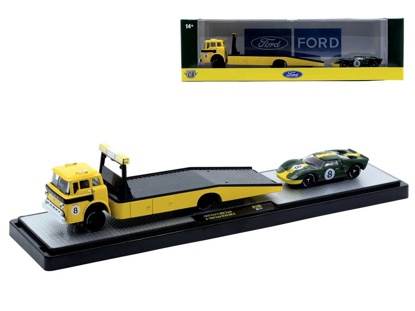 36000-100 M2 Machines Auto Haulers 1970 Ford C-600 Ramp Truck #8 Yellow and 1966 Ford GT40 MK II #8