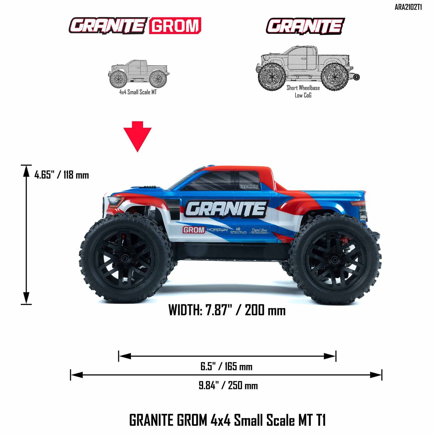 ARA2102 1/18 GRANITE GROM 4X4 RTR Brushed Monster Truck (Battery & Charger Included) Blue
