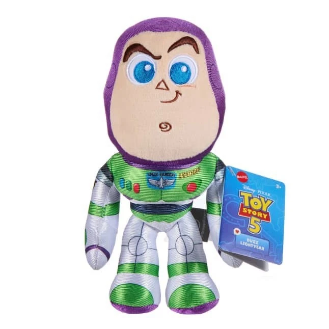 Plush toy resembling Buzz Lightyear from Toy Story with a packaging label on a white background