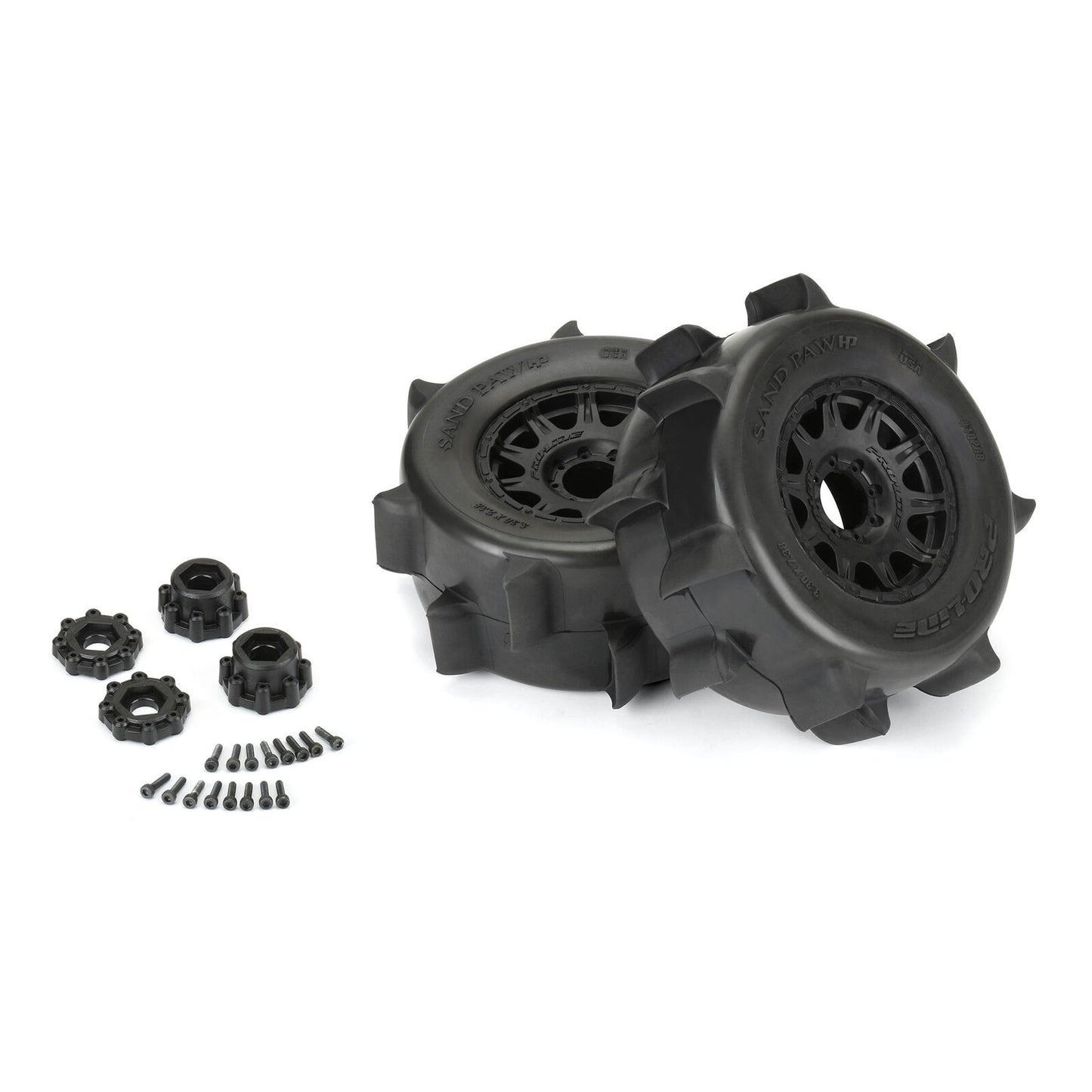 PRO1026810 1/8 Sand Paw HP BELTED F/R 3.8" MT Tires Mounted 17mm Black Raid (2)