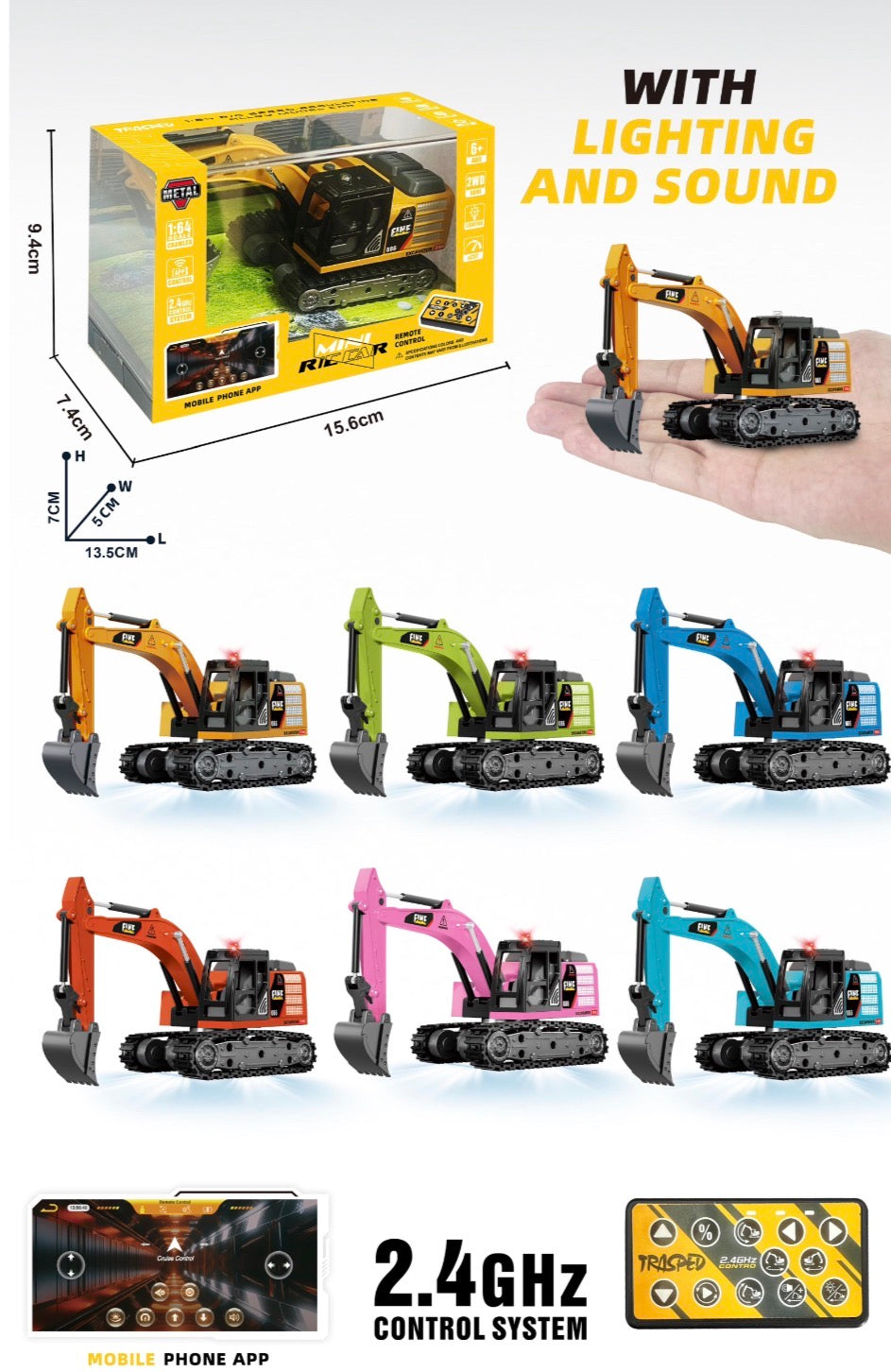 NSRHG4-409 1:64 Mini Remote Control Metal  Excavator, Alloy Remote Control Construction Vehicle with App Control & Programming, 270° Rotation Tractor with Lights & Sounds, Outdoor Sandbox   (Color Request Can be Made in Checkout Notes)