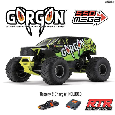 ARA3230S 1/10 GORGON 2WD RTR Brushed Monster Truck (Battery & Charger Included) Yellow