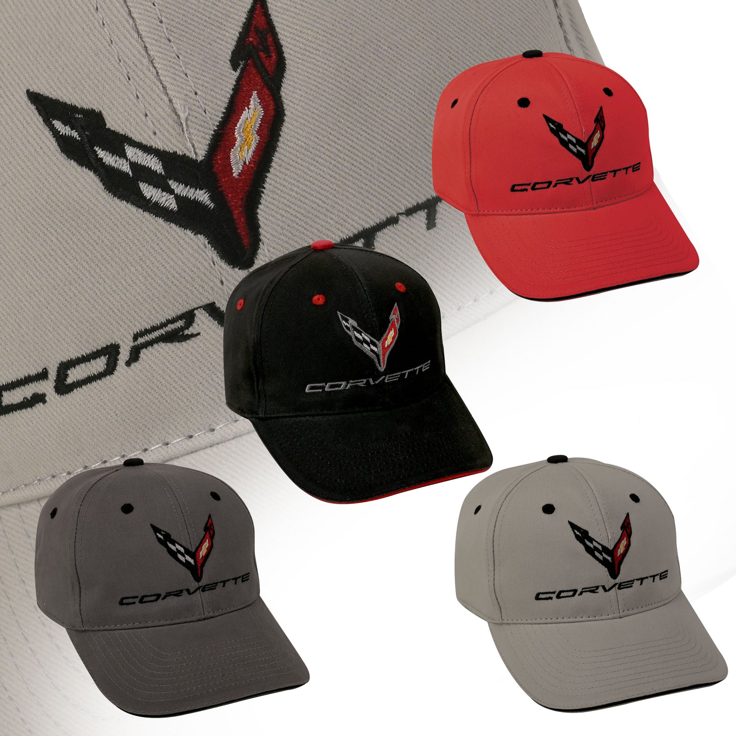 PN948 Corvette Structured Contrast Baseball Hat -Black/Light Grey/Dark Grey/Red