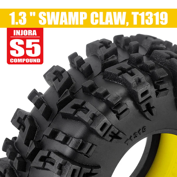 YQT-1319-1370YE INJORA 1.3" Swamp Claw M/T Micro Rock Crawler Tires Combo (4) (70mm OD) (S5) w/Super Soft Silicone Rubber Inserts