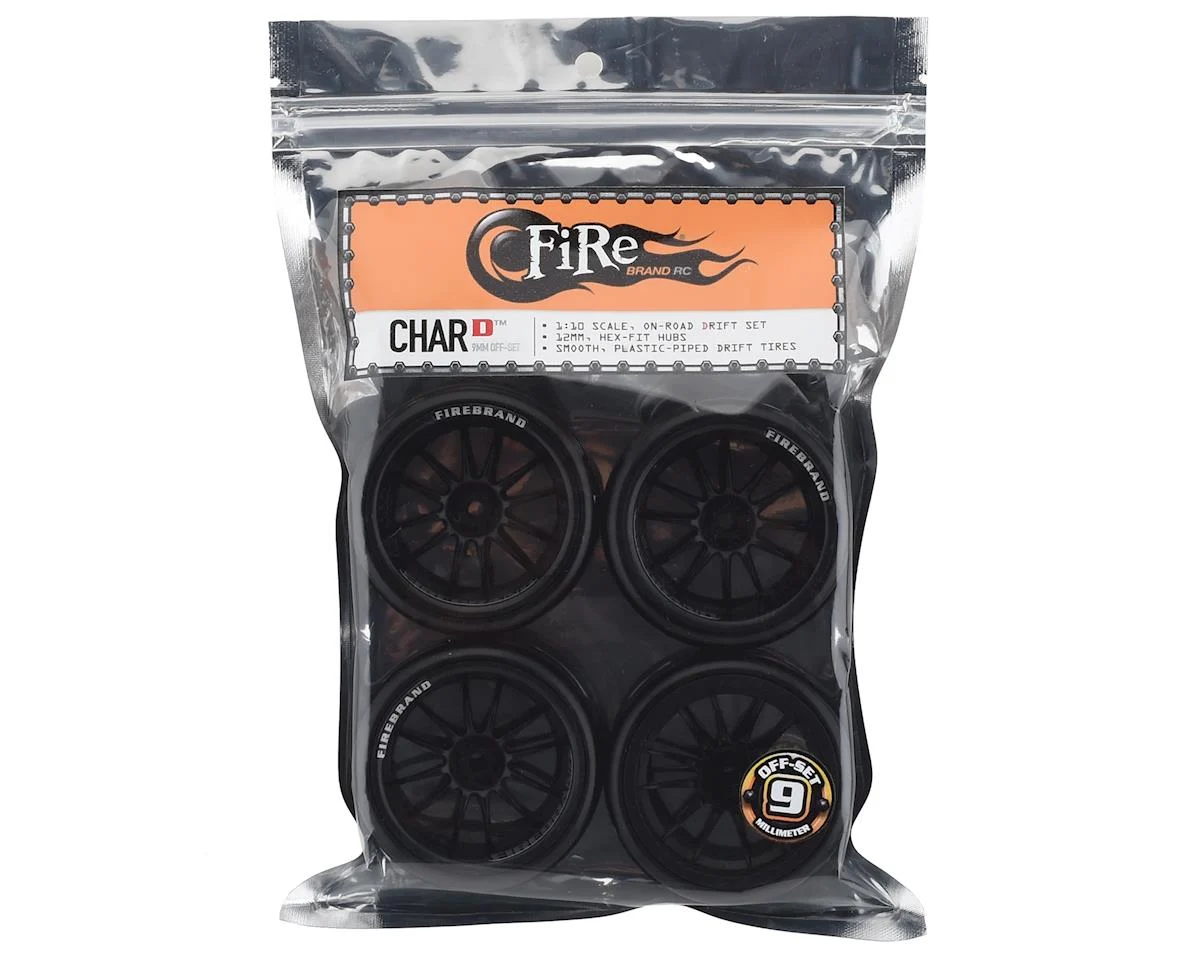 FBR1WHECHR092 Firebrand RC Char D9 Pre-Mounted Slick Drift Tires (4) (Black) w/FireSickle Tires, 12mm Hex & 9mm Offset
