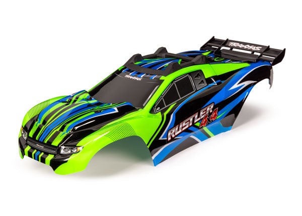 6734G  Body, Rustler® 4X4, green & blue/ window, grille, lights decal sheet