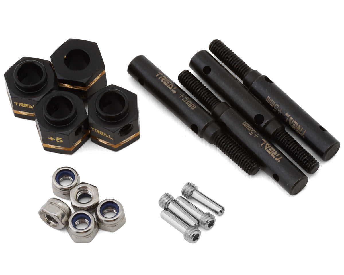 TLHTTRX4-19 Treal Brass Extended Wheel Hubs Hex Pins +5 and Steel Stub Axle (Portal Drive) Extended +5mm Set for TRX-4 Defender
