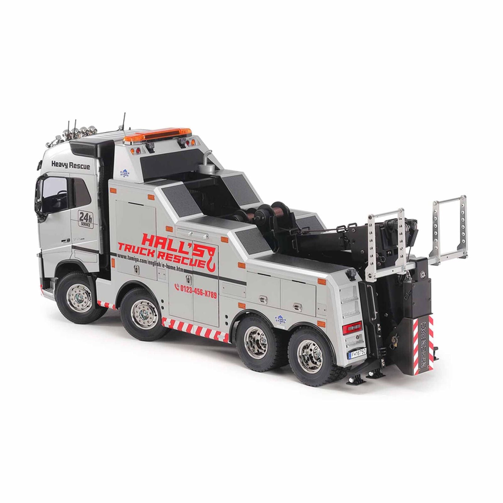 Model of a tow truck with 'Hall's Truck Rescue' branding on a white background