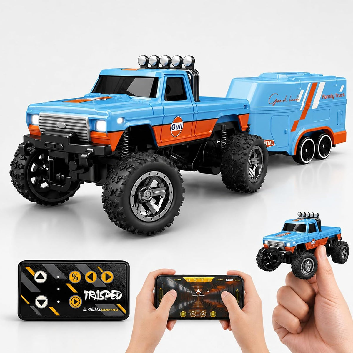 NSRHG4-310 1:64 Scale Mini Remote Control Metal Monster Truck with Trailer | 2.4GHz & App Dual Control, Alloy Mini RC Car with LED Lights, Portable Pocket Toy Car  (Color Request Can be Made in Checkout Notes)