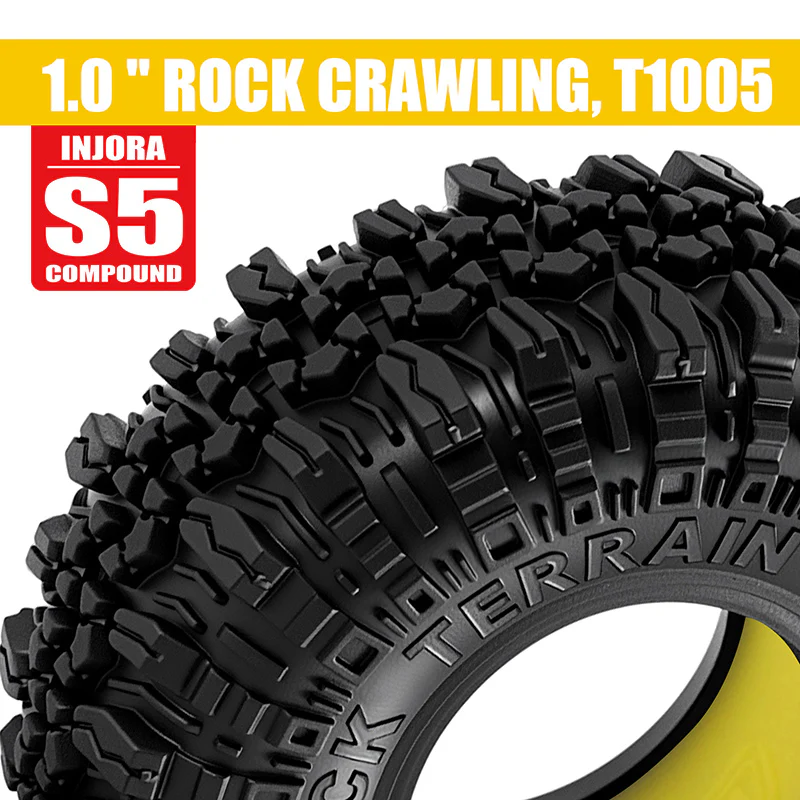 YQT-1005-1056YE INJORA 1.0" 57*22mm Rock Terrain Tires & Silicone Rubber Inserts Combo (4)