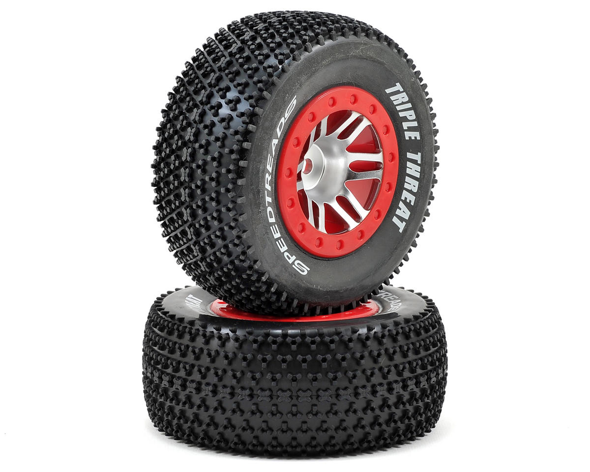 DYN5129 Speedtreads Triple Threat SC Pre-Mounted Tires (Satin Chrome/Red) (2) 12mm Hex (Slash Rear)