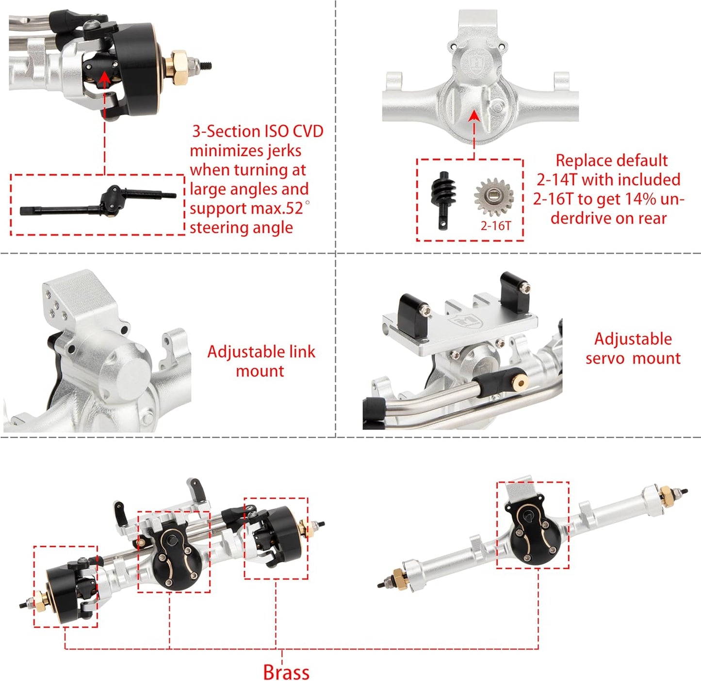 MEUS RACING 5mm Isokinetic V2 SCX24 Axles with 3-Section CVD for Axial 1/24 SCX24 RC Crawler (Silver)